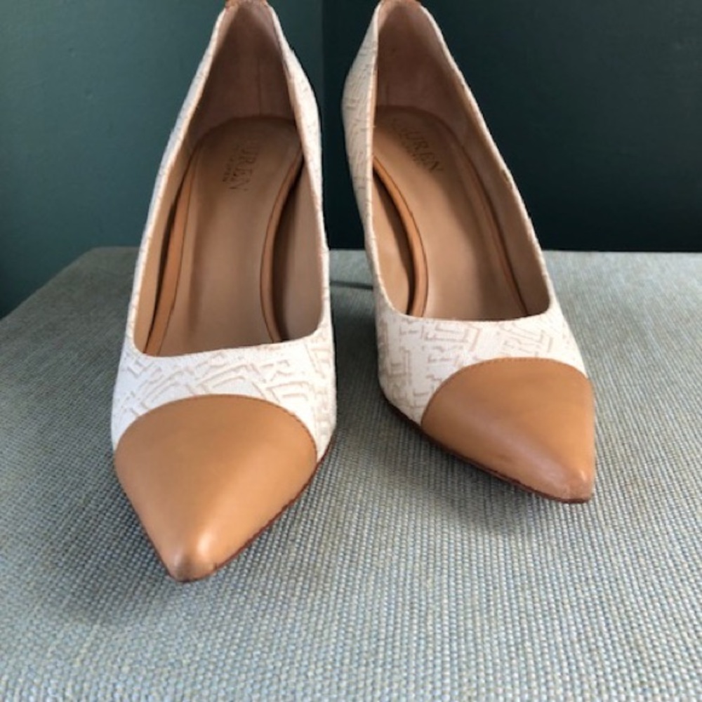 Ralph Lauren White and Tan Pointed Toe Pumps